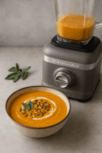 Creamy butternut squash soup in bowl next to KitchenAid K400 blender