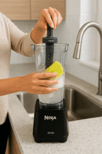 Cleaning the Ninja SS151 Twisti blender with soap and water in a kitchen setting