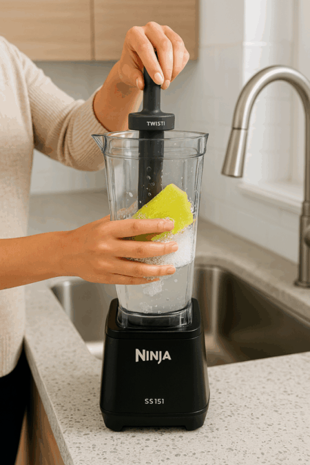 Ninja SS151 Twisti Blender jar, blade stack, gasket seal, and motor base vent cleaning process