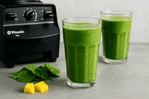 Green protein smoothie in glass with spinach and mango beside Vitamix blender