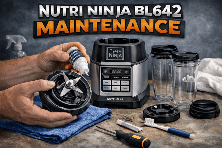 Nutri Ninja BL642 blender blade assembly being lubricated and serviced during routine maintenance on kitchen counter