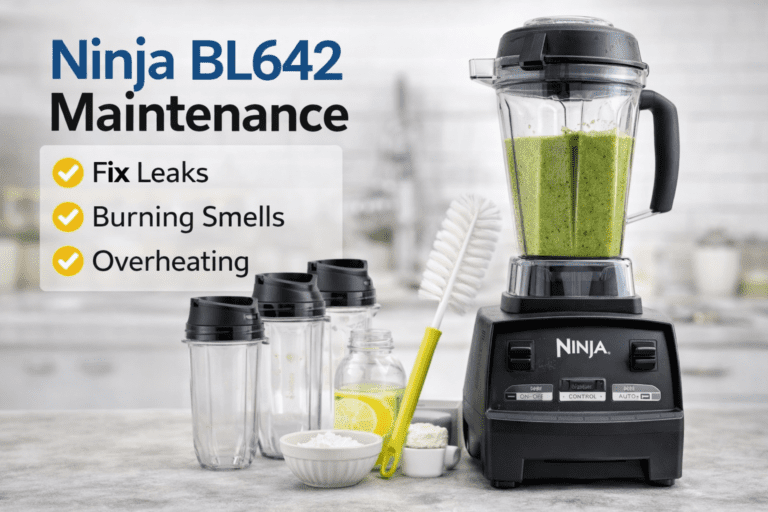 Ninja BL642 Nutri Ninja blender with pitcher, personal cups, and cleaning tools illustrating maintenance for leaks, overheating, and burning smells