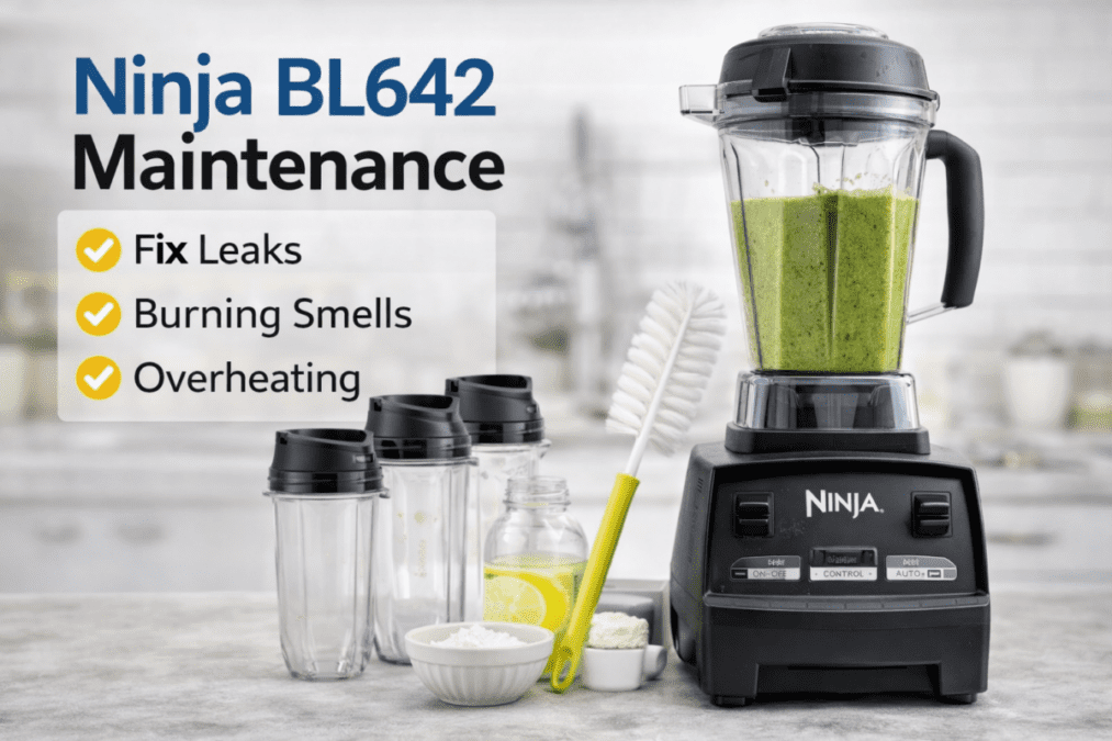 Ninja BL642 Nutri Ninja blender with pitcher, personal cups, and cleaning tools illustrating maintenance for leaks, overheating, and burning smells