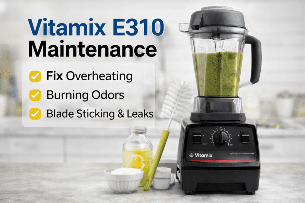 Vitamix E310 Explorian blender with cleaning supplies showing maintenance steps for fixing overheating, odors, and blade issues
