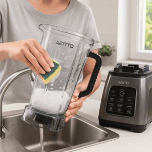 Cleaning the Aeitto blender jar with soapy water in a bright modern kitchen