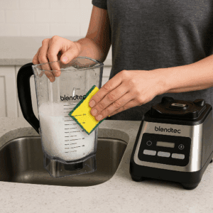 A person cleaning a Blendtec Total Classic blender jar in a modern kitchen