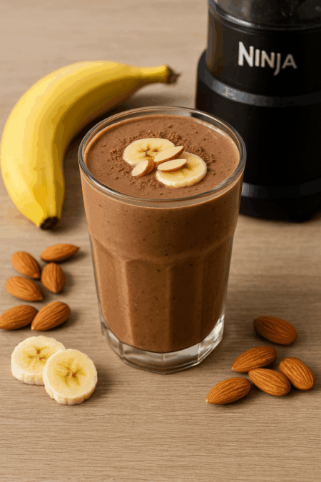 Chocolate almond banana protein shake in a glass with sliced bananas and almonds beside a Ninja blender