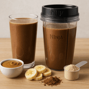 Chocolate banana almond shake in a Ninja personal blender cup with ingredients around