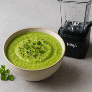Creamy broccoli cauliflower soup in a bowl with herbs, beside a Ninja BN401 blender pitcher