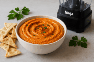 Red pepper hummus in a bowl with pita chips and parsley beside a Ninja blender