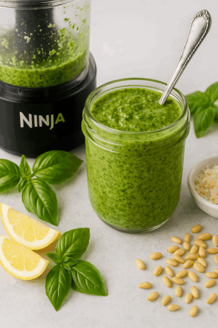 A jar of fresh basil pesto with spoon beside a Ninja food processor bowl