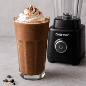 Frozen mocha protein shake in a glass topped with whipped cream beside the Chefman Obliterator blender