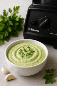 Creamy garlic herb cashew sauce in a bowl surrounded by parsley and Vitamix E310 blender