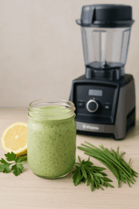 Green Goddess dressing in a small bowl next to fresh herbs and a Vitamix blender