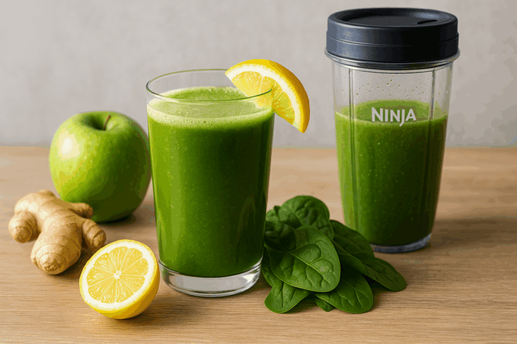 Green juice in a clear glass with ginger, lemon, apple, and spinach next to a Ninja blender cup