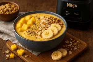 Tropical mango smoothie bowl with coconut and fruit toppings in front of a Ninja BN401 blender
