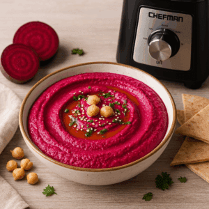 Bright pink beet hummus with chickpeas and olive oil in a bowl beside a Chefman Obliterator blender