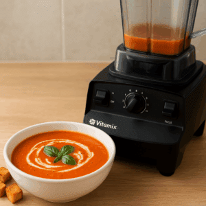 Hot roasted red pepper soup in a bowl with basil and cream swirls beside a Vitamix E310 blender