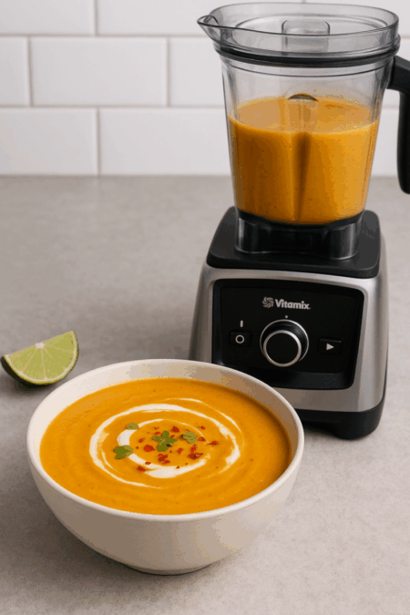 A bowl of creamy orange sweet potato coconut curry soup beside a Vitamix Ascent X2 blender