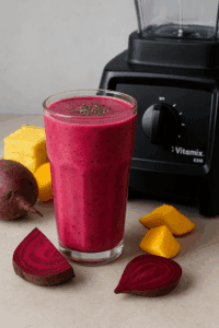 Bright pink beet smoothie in a clear glass beside raw beet chunks and tropical fruit