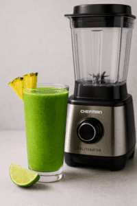 Bright green smoothie with pineapple and lime in a clear glass beside the Chefman Obliterator Blender