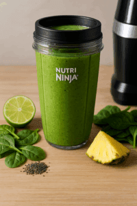 Tropical green smoothie in a Nutri Ninja cup with spinach, lime, and pineapple beside it