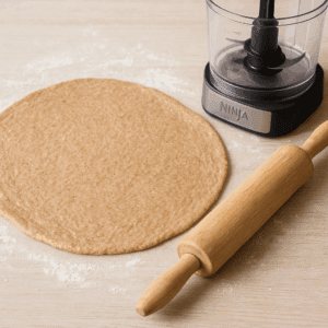 Rolled-out whole wheat pizza dough next to the Ninja Compact dough blade