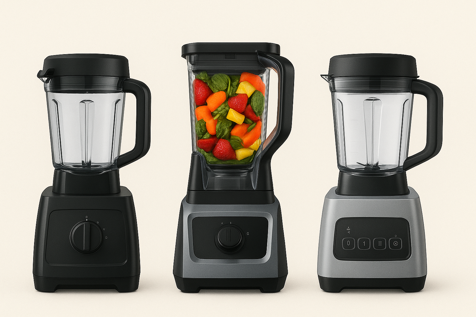 Three high-performance blenders side by side on a modern kitchen counter