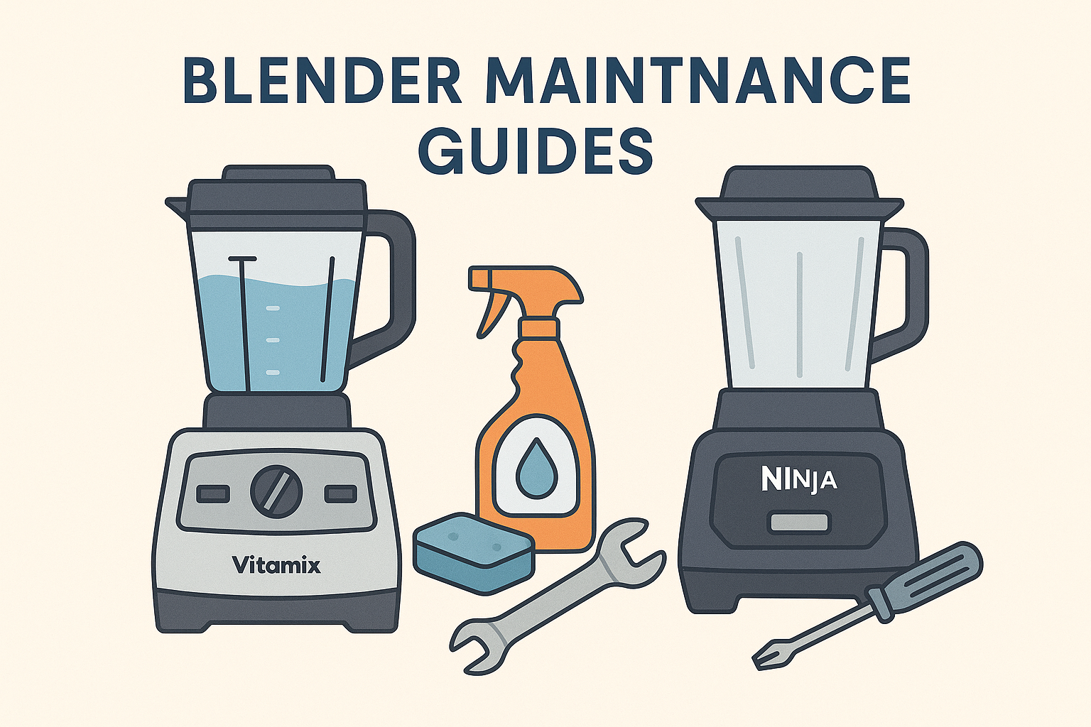 Flat digital illustration of a blender with cleaning tools for maintenance