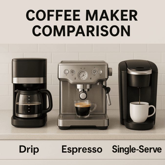 Three coffee makers — drip, espresso, and single-serve — side-by-side on a kitchen counter