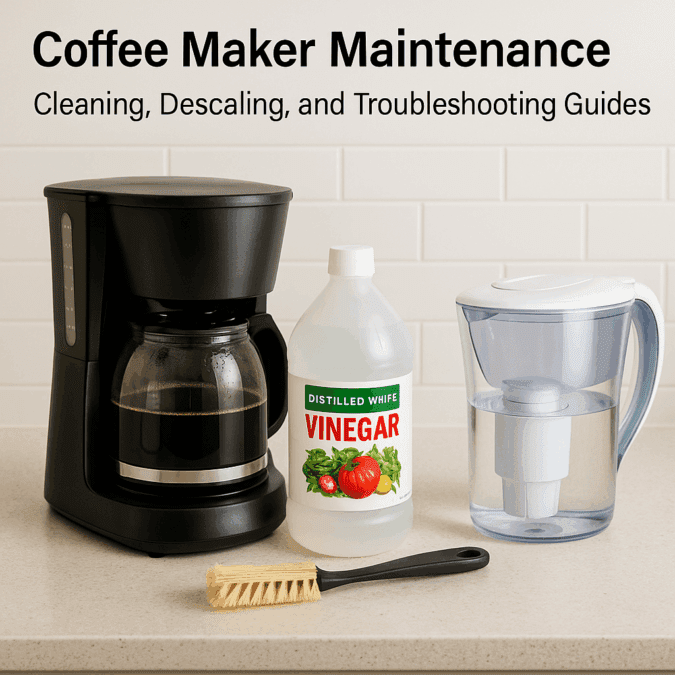 Coffee maker maintenance setup with vinegar, brush, and water filter