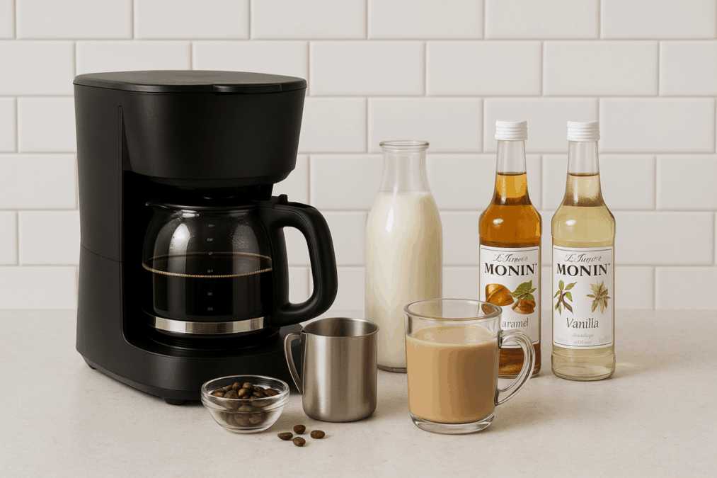 Coffee maker recipe setup with milk, coffee beans, and syrup bottles