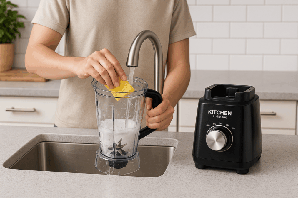 Person cleaning a compact Kitchen in the Box blender in a bright kitchen