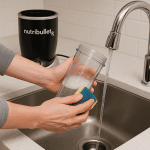 Person cleaning NutriBullet RX blender cup in modern kitchen sink