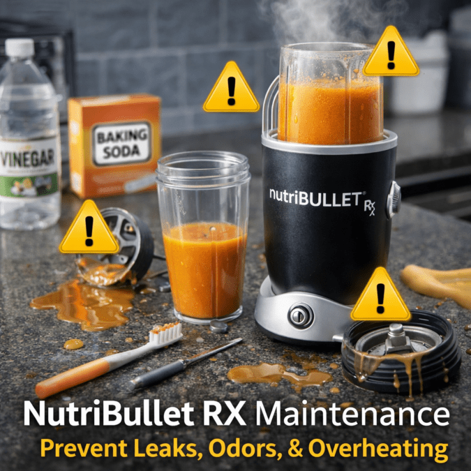 NutriBullet RX blender with leaking cup, worn gasket, and cleaning supplies showing maintenance steps to prevent odors and overheating