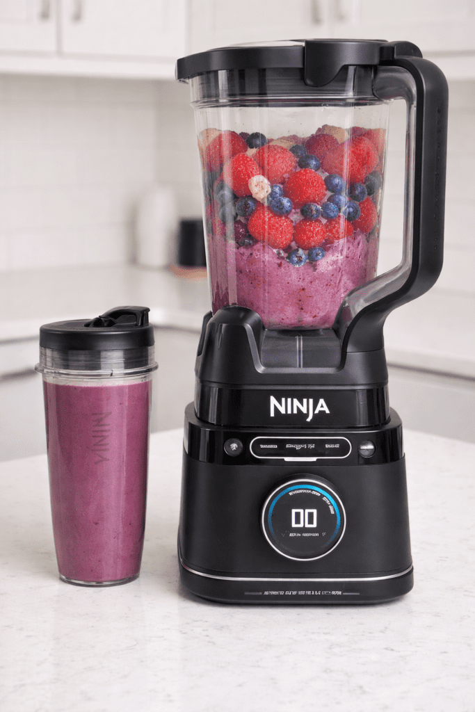 Ninja Detect Power Blender Pro TB301 blending frozen berries smoothie with single serve cup on kitchen counter