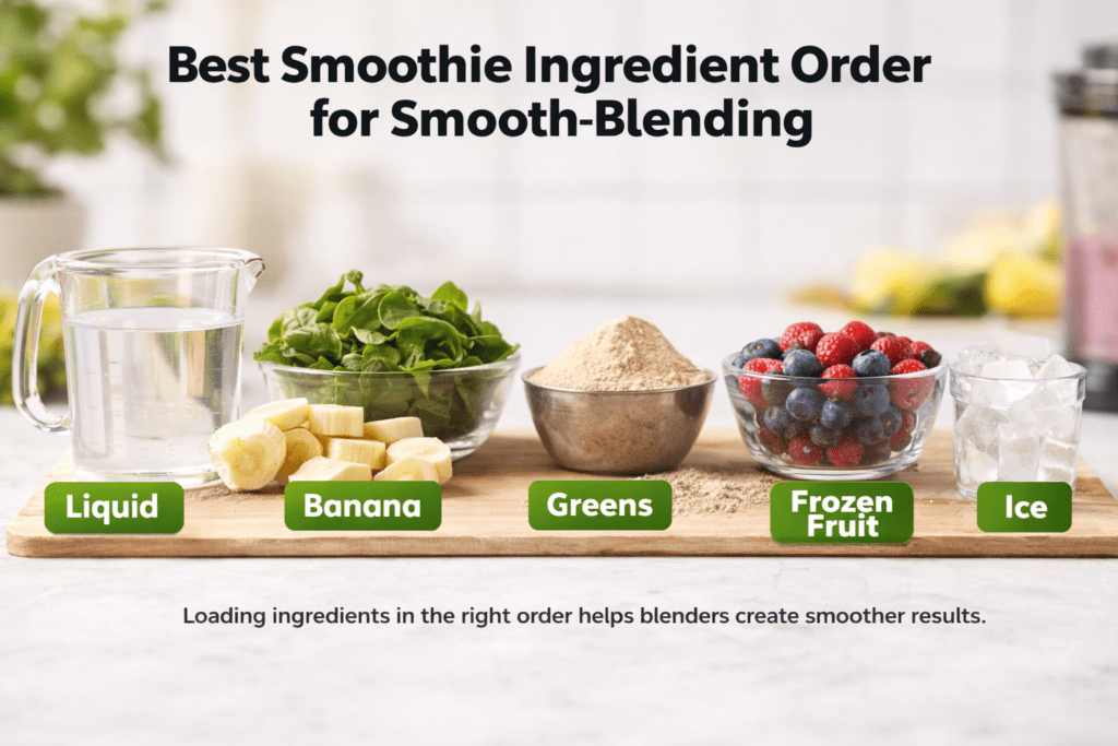 best smoothie ingredient order for smooth blending showing liquid banana greens powder frozen fruit and ice