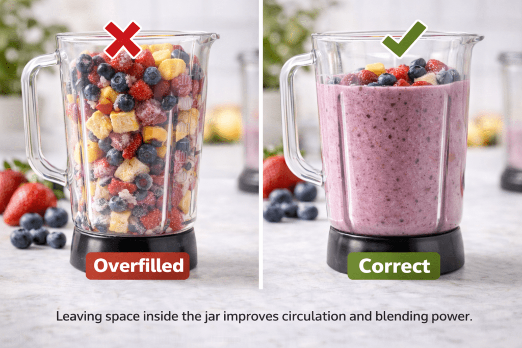 overfilled blender jar compared with correct smoothie fill level for better blending results