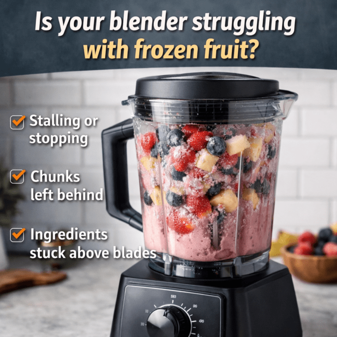 blender struggling with frozen fruit leaving chunks and ingredients stuck above blades in smoothie jar