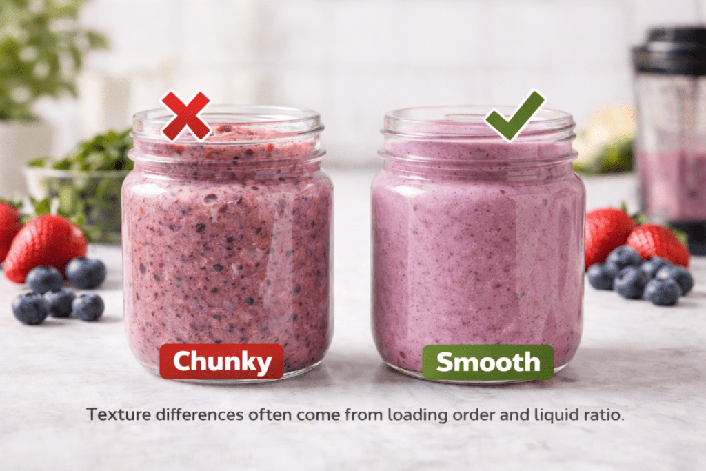 chunky smoothie compared with smooth creamy smoothie texture in side by side jars