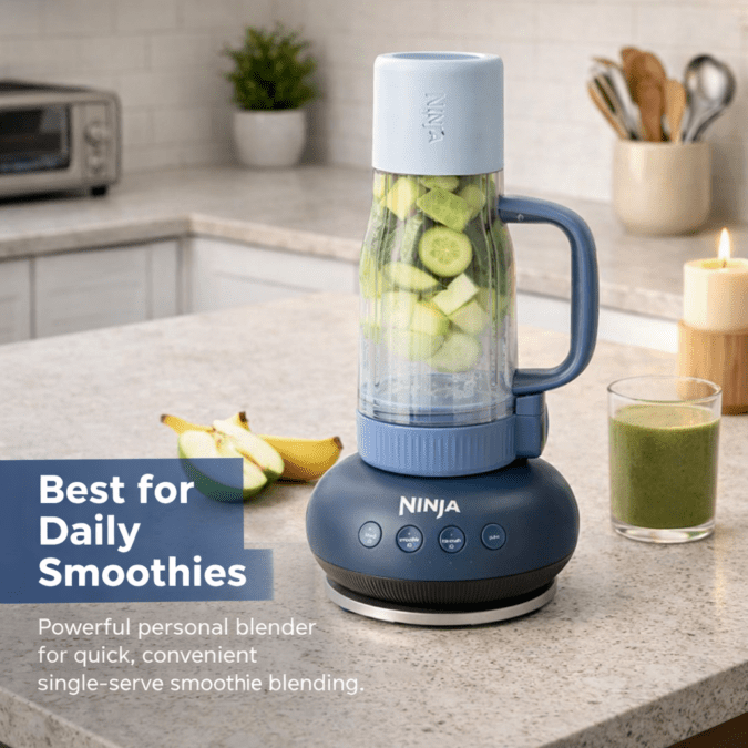 Ninja BlendBoss DB351CY personal blender on modern kitchen counter with smoothie ingredients and daily use decision guide