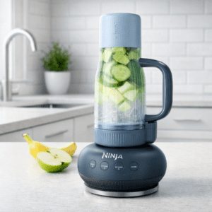 Ninja BlendBoss DB351CY personal blender on modern kitchen counter with smoothie ingredients