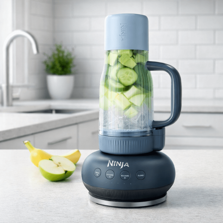 Ninja BlendBoss DB351CY personal blender on modern kitchen counter with smoothie ingredients