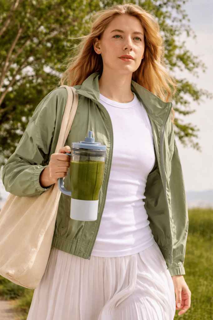 Ninja BlendBoss portable blender with handle used outdoors for on-the-go smoothies