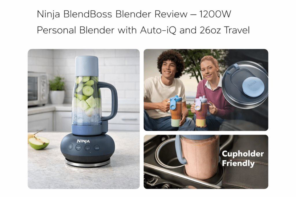 Ninja BlendBoss DB351CY personal blender used for smoothies in kitchen, outdoor lifestyle, and car cupholder