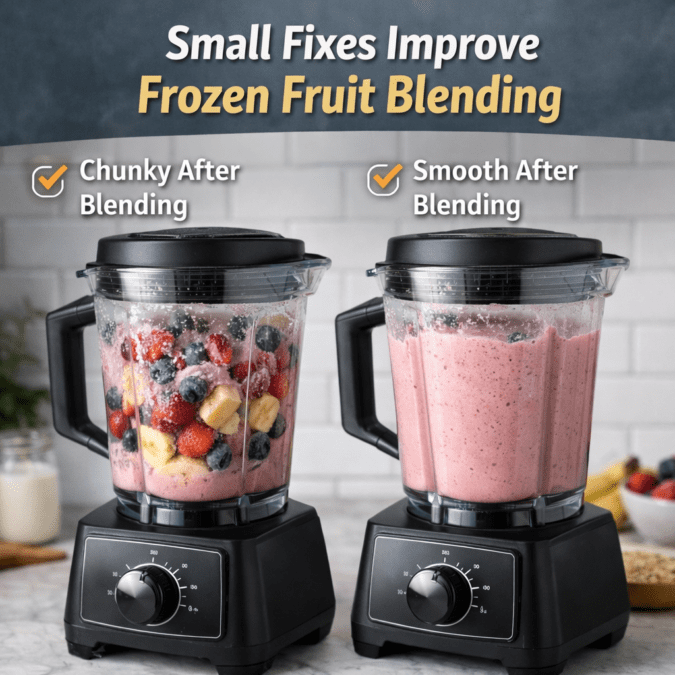 two blenders showing chunky frozen fruit smoothie versus smooth blended smoothie after small blending fixes