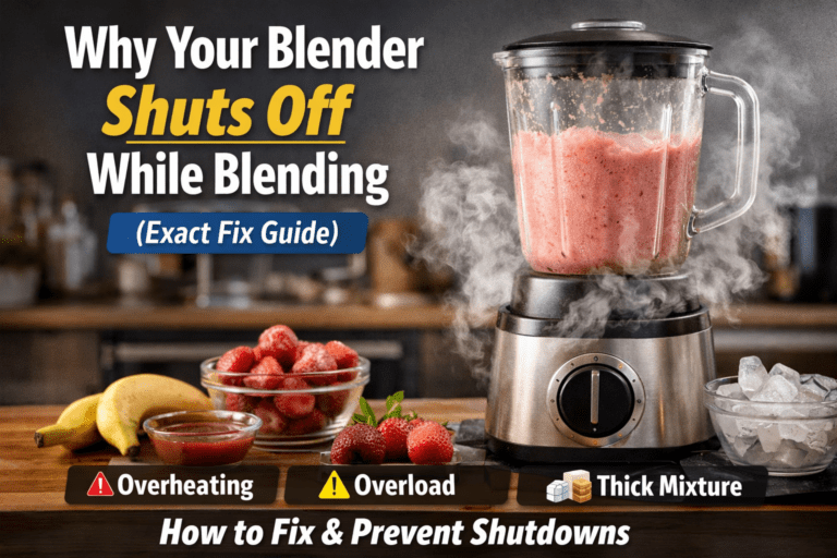 why your blender shuts off while blending featured image showing overheated blender with thick smoothie