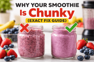 Why your smoothie is chunky comparison image showing chunky smoothie vs smooth smoothie with exact fix guide