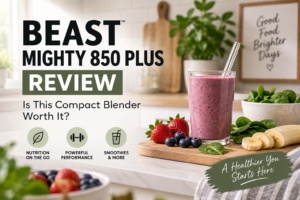 Beast Mighty 850 Plus review graphic with fruit and smoothie ingredients