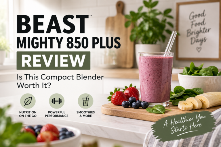 Beast Mighty 850 Plus review graphic with fruit and smoothie ingredients